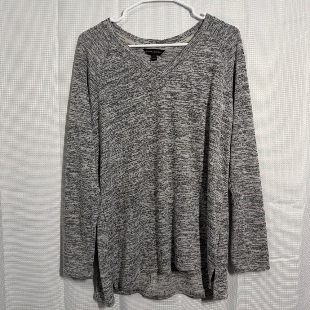 Banana‎ Republic Knit Tunic Top Large Gray Marl V-Neck Raglan Sleeve